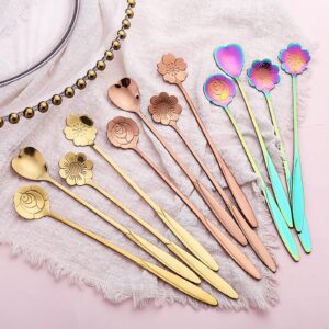 Diaertiny 12Pcs Flower Spoon Long Handle Coffee Dessert Stirring Ice Teaspoons Gold, Rose Gold, Rainbow Cocktail Stainless Steel Spoons for Bar Home Office Party