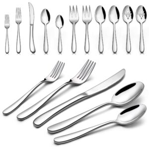 66-piece heavy duty silverware set for 12, lianyu thick flatware set with serving utensils, stainless steel cutlery tableware include fork knife spoon, mirror finished, dishwasher safe