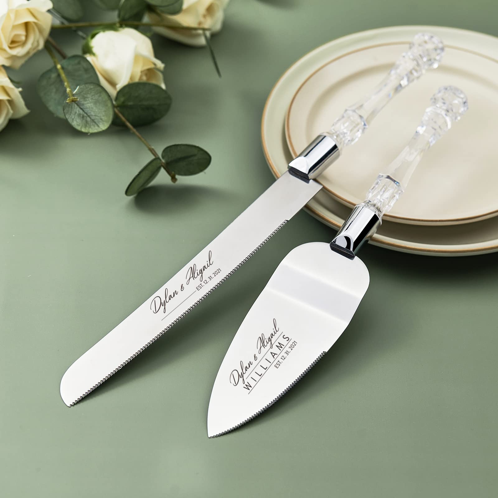 ALICEPUB Personalized Cake Cutting Set for Wedding, Engraved Cake Serving Set Pie Server Pizza Cutter for Anniversary Birthday Bridal Shower(2Pcs)