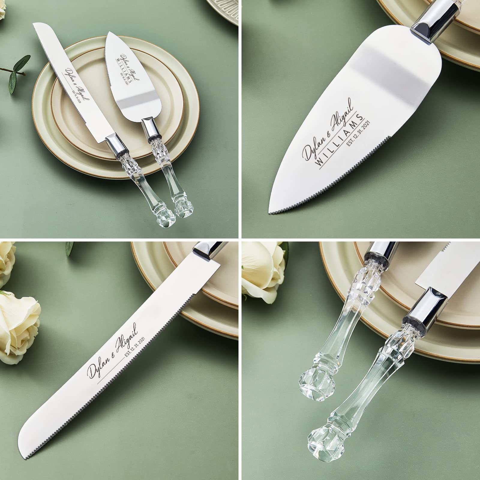 ALICEPUB Personalized Cake Cutting Set for Wedding, Engraved Cake Serving Set Pie Server Pizza Cutter for Anniversary Birthday Bridal Shower(2Pcs)