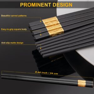 10 Pairs Reusable Chopsticks Dishwasher Safe,9.5 Inch Fiberglass Chopsticks Set, Japanese Chinese Korean Chopsticks for Food, Non-Slip, Easy to Use (Black Chopsticks)