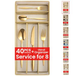 gold silverware set with organizer, 40-piece flatware set for 8, stainless steel kitchen utensils cutlery set for home kitchen restaurant hotel,dishwasher safe