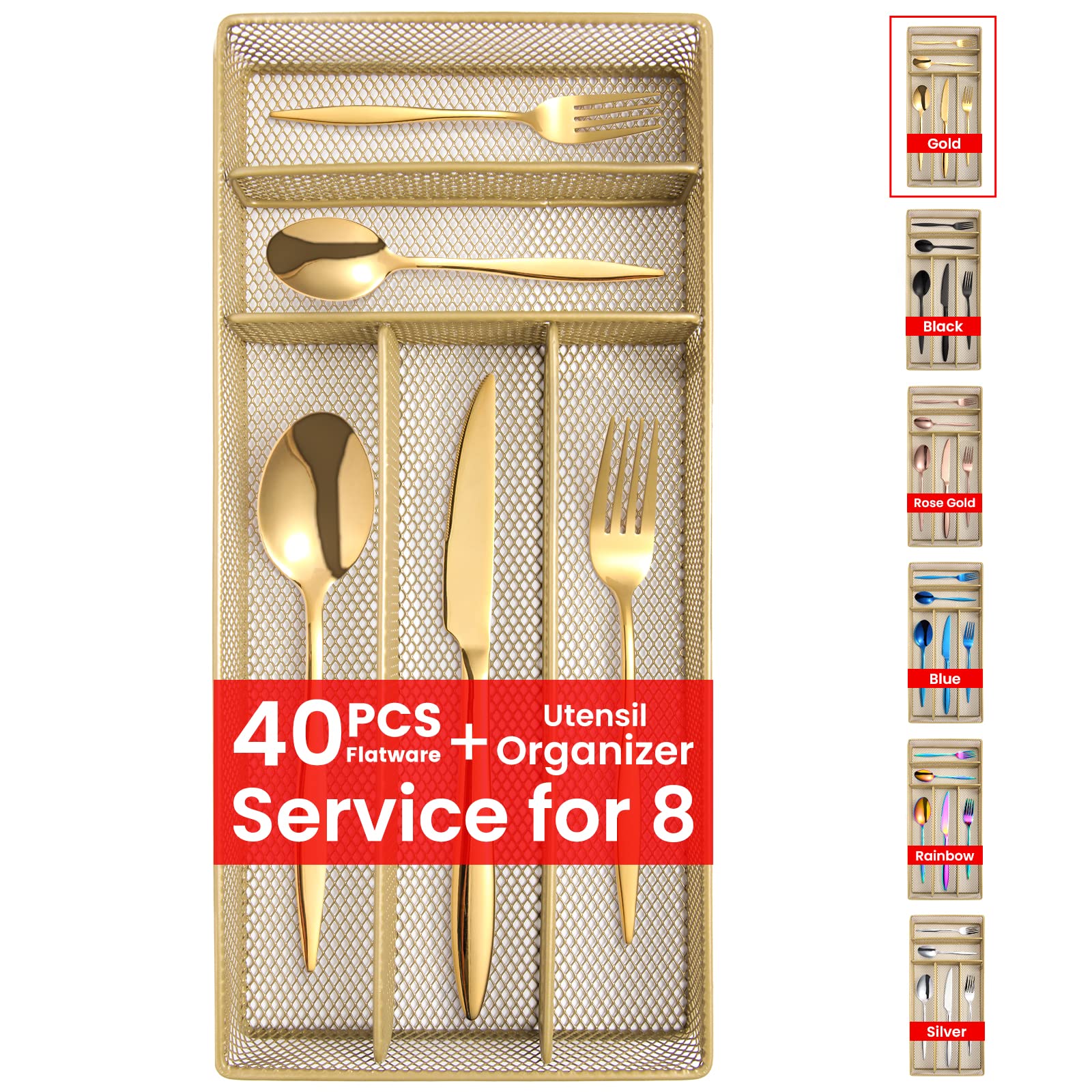 Gold Silverware Set with Organizer, 40-Piece Flatware Set for 8, Stainless Steel Kitchen Utensils Cutlery Set for Home Kitchen Restaurant Hotel,Dishwasher Safe