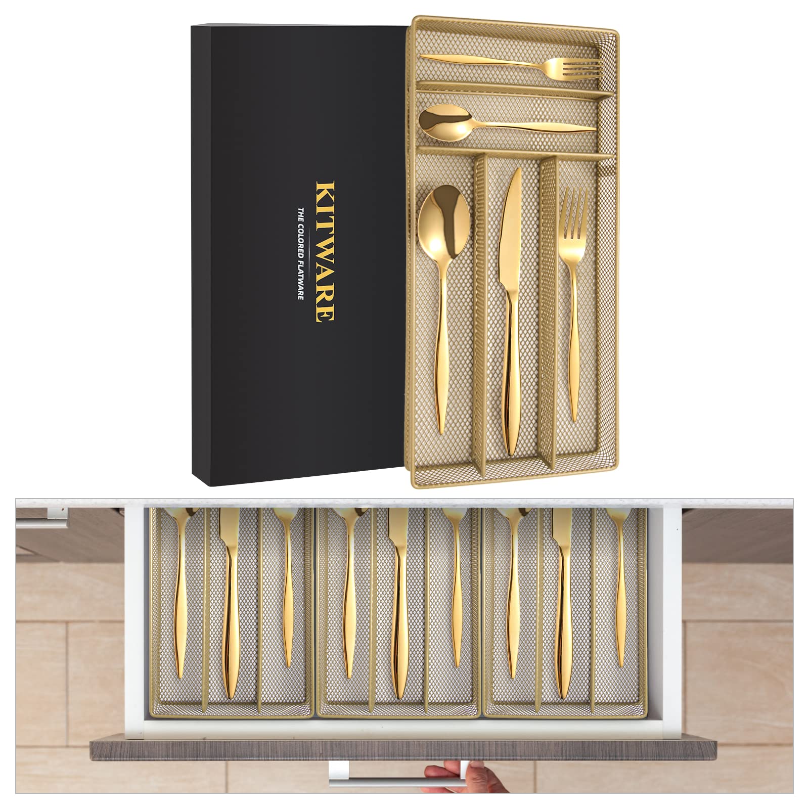 Gold Silverware Set with Organizer, 40-Piece Flatware Set for 8, Stainless Steel Kitchen Utensils Cutlery Set for Home Kitchen Restaurant Hotel,Dishwasher Safe