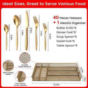 Gold Silverware Set with Organizer, 40-Piece Flatware Set for 8, Stainless Steel Kitchen Utensils Cutlery Set for Home Kitchen Restaurant Hotel,Dishwasher Safe