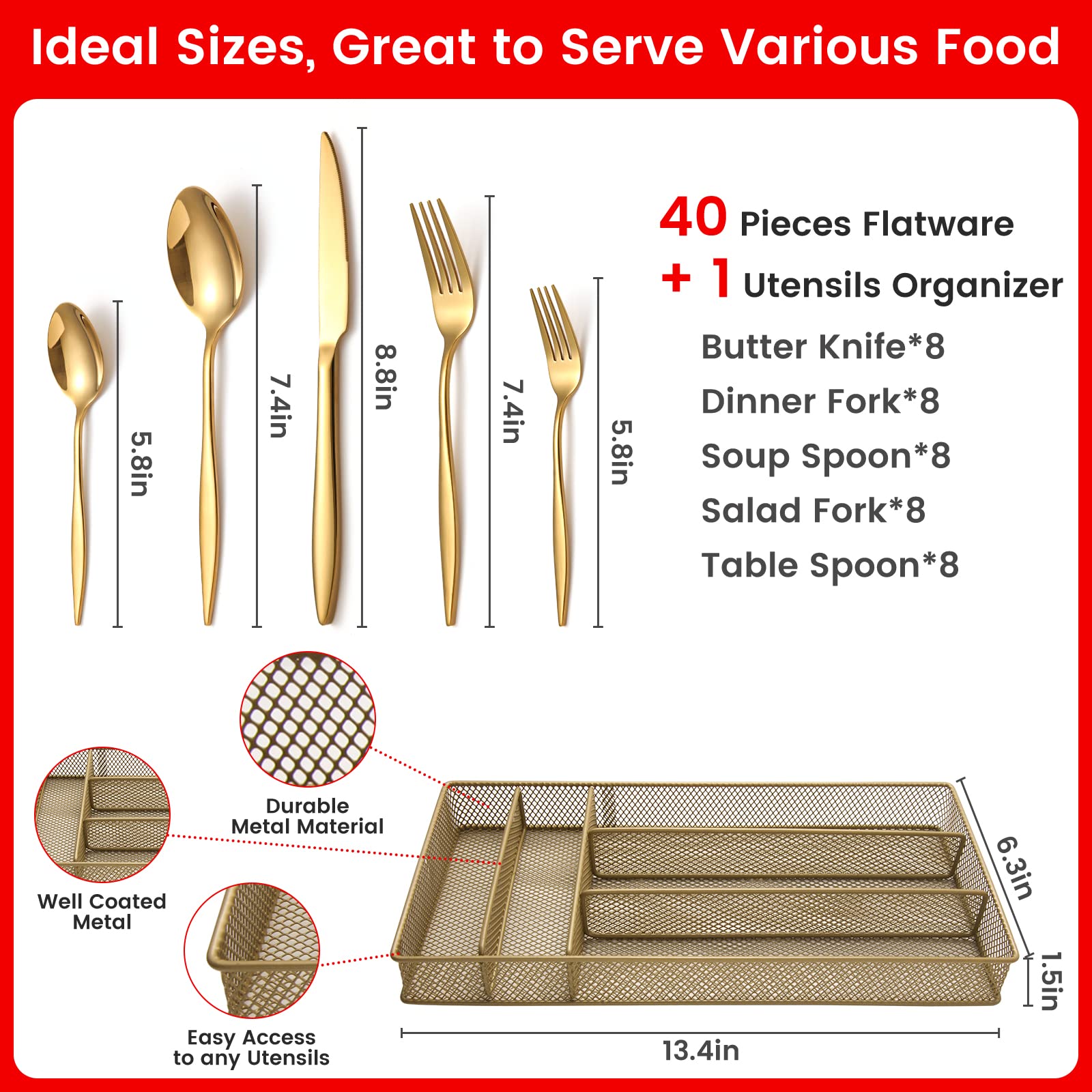 Gold Silverware Set with Organizer, 40-Piece Flatware Set for 8, Stainless Steel Kitchen Utensils Cutlery Set for Home Kitchen Restaurant Hotel,Dishwasher Safe