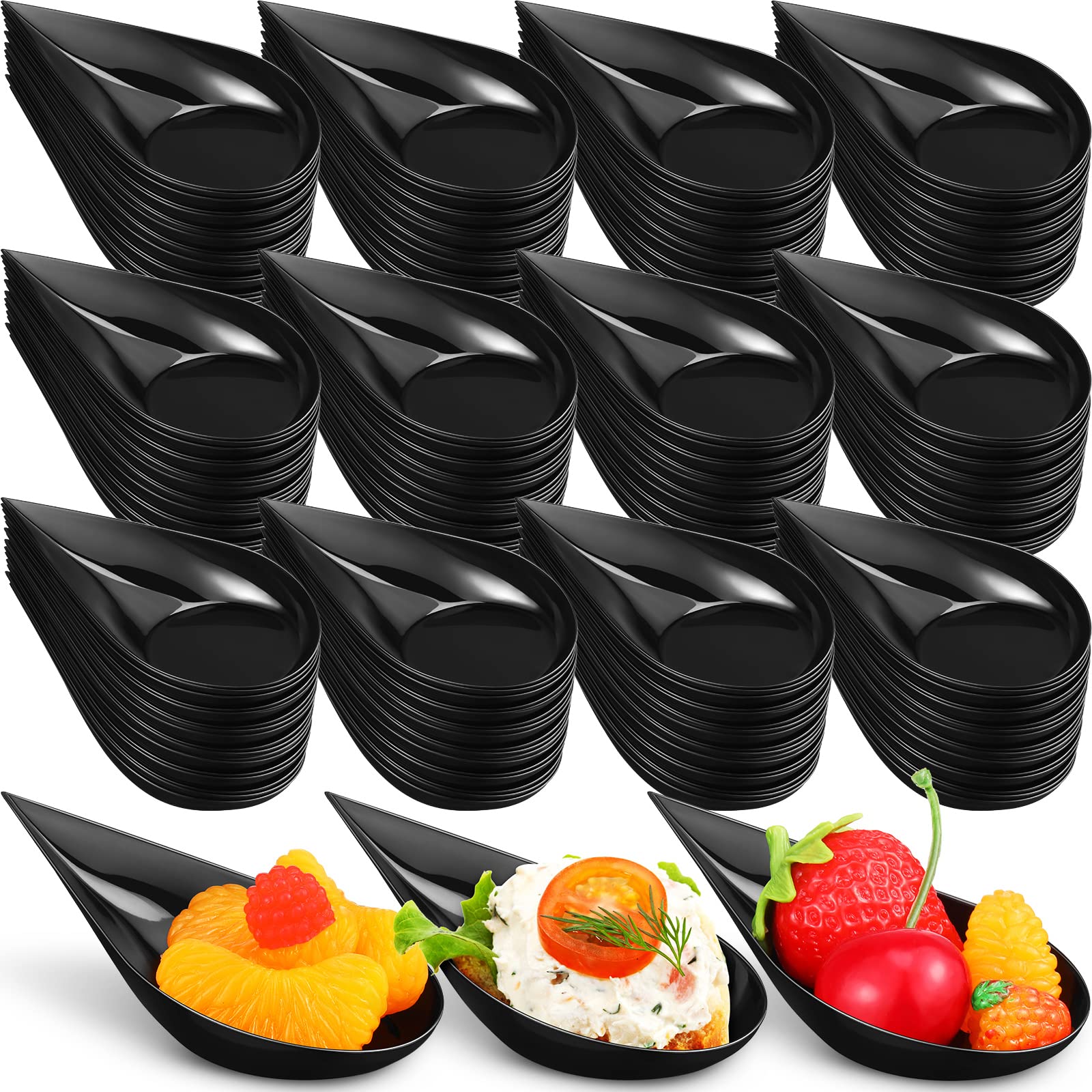 400 Pcs 4 Inch Plastic Appetizer Spoons Tasting Spoons Disposable Mini Appetizer Plates Tear Drop Serving Spoons Dessert Spoons Teardrop Asian Spoon for Party Dessert Dishes Catering (Black)