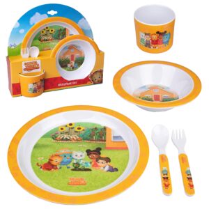 daniel tiger 5 pc mealtime feeding set for kids and toddlers - includes plate, bowl, cup, fork and spoon utensil flatware - durable, dishwasher safe, bpa free (yellow)