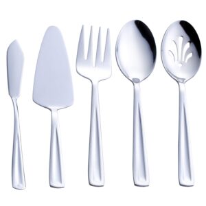 hostess serving utensil set, gogeili 5-piece stainless steel flatware silverware serving set, include pie server, serving spoon, slotted serving spoon, serving fork and spreader knife