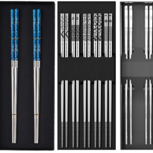 Titanium Plated Stainless Steel Chopsticks 2 Pairs Blue Silver Gift Set+ Stainless Steel Chopsticks Multipack 5 Pairs Gift Set+ Metal Steel Chopsticks Reusable with Travel Carrying Bag 2 Pairs Set