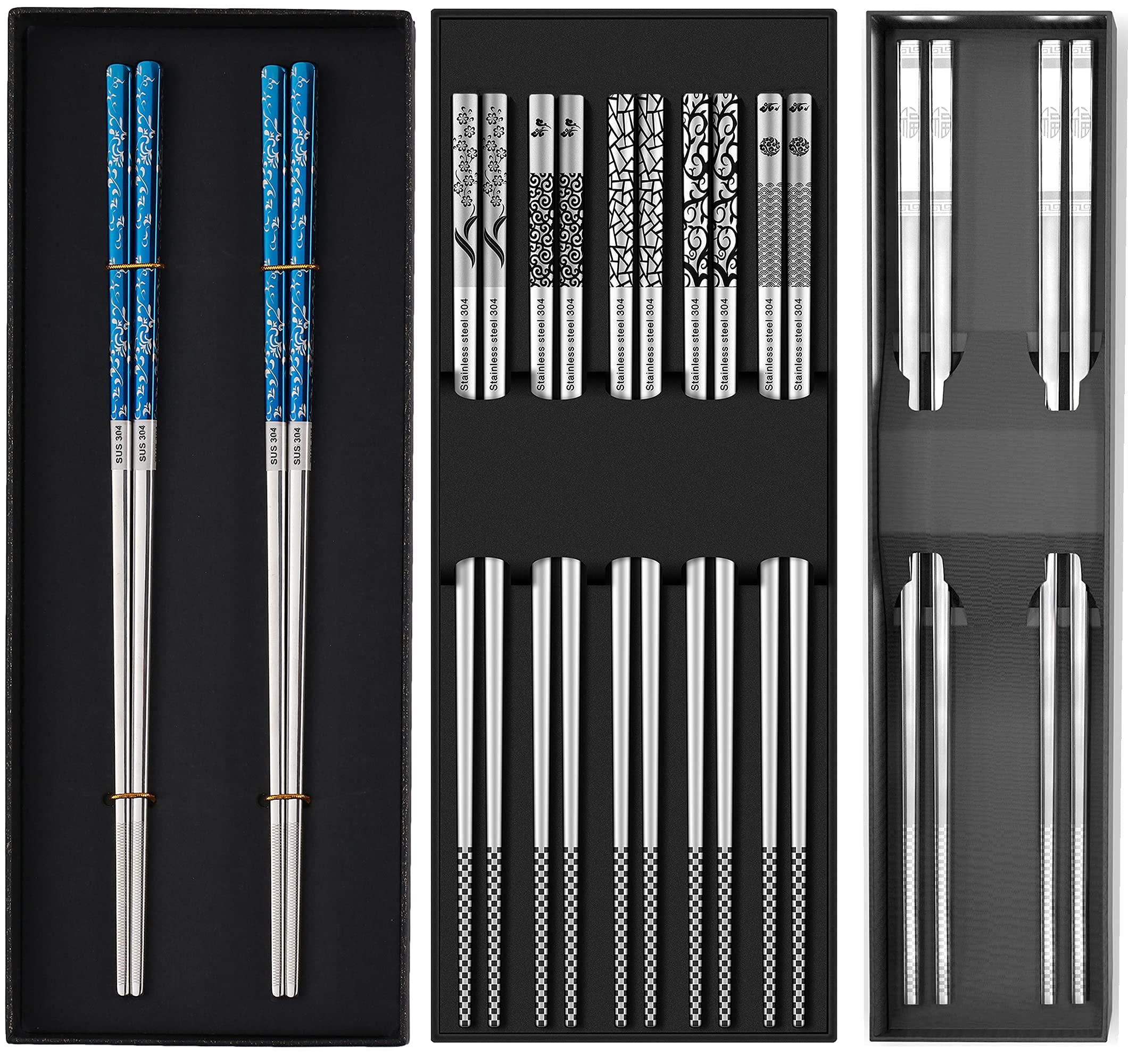 Titanium Plated Stainless Steel Chopsticks 2 Pairs Blue Silver Gift Set+ Stainless Steel Chopsticks Multipack 5 Pairs Gift Set+ Metal Steel Chopsticks Reusable with Travel Carrying Bag 2 Pairs Set