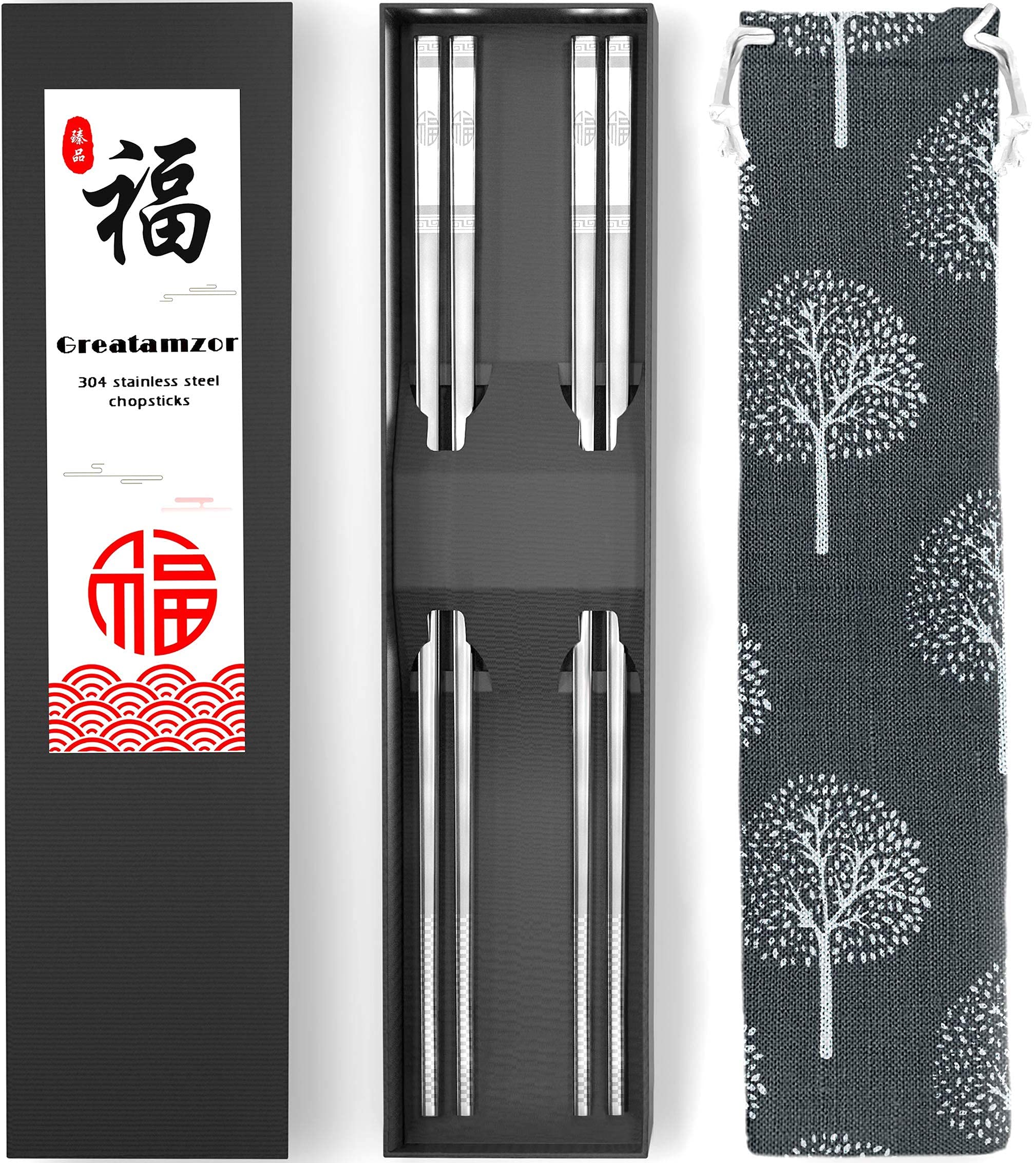 Titanium Plated Stainless Steel Chopsticks 2 Pairs Blue Silver Gift Set+ Stainless Steel Chopsticks Multipack 5 Pairs Gift Set+ Metal Steel Chopsticks Reusable with Travel Carrying Bag 2 Pairs Set