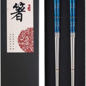 Titanium Plated Stainless Steel Chopsticks 2 Pairs Blue Silver Gift Set+ Stainless Steel Chopsticks Multipack 5 Pairs Gift Set+ Metal Steel Chopsticks Reusable with Travel Carrying Bag 2 Pairs Set