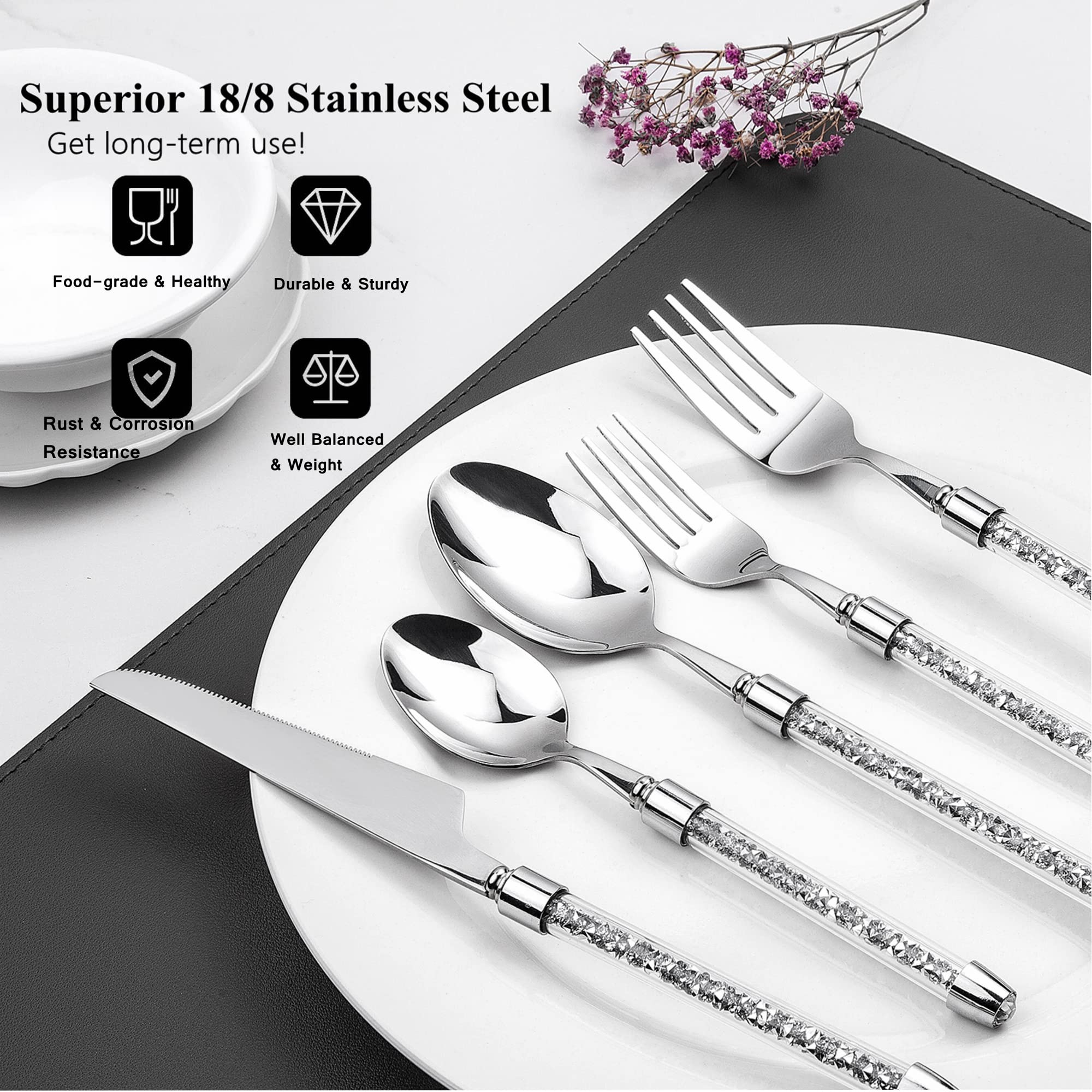 SHYFOY 5 Piece Modern Bling Silverware Set, 18 8 Stainless Steel Flatware, Mirror-Polished Luxury Cutlery, Crushed Diamond Dinner Service, Fork Knife Spoon, Teaspoon/Salad Fork Dishwasher Safe