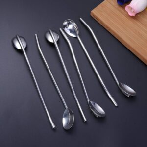 DOITOOL Stainless Steel Drinking Spoon Straws, 6Pcs Metal Cocktail Spoon Straws, Reusable Iced Tea Spoons Bar Spoon Silverware for Mixing and Stirring