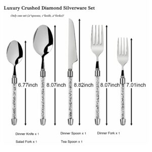 SHYFOY 5 Piece Modern Bling Silverware Set, 18 8 Stainless Steel Flatware, Mirror-Polished Luxury Cutlery, Crushed Diamond Dinner Service, Fork Knife Spoon, Teaspoon/Salad Fork Dishwasher Safe