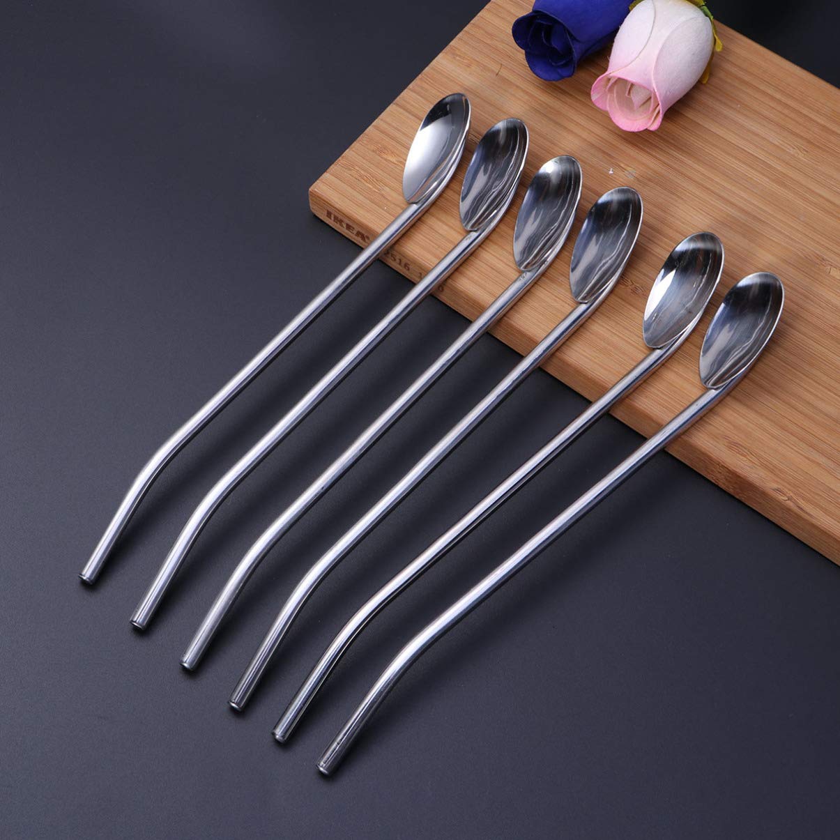 DOITOOL Stainless Steel Drinking Spoon Straws, 6Pcs Metal Cocktail Spoon Straws, Reusable Iced Tea Spoons Bar Spoon Silverware for Mixing and Stirring
