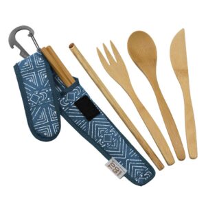 to go ware premium reusable bamboo utensil travel set | includes fork, knife, spoon, chopsticks, & carabiner clip | made from sustainable materials | eco-conscious | shibori moon (pack of 1)