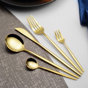 Mirror Gold Silverware Set 20-Piece, Stainless Steel Flatware Service for 4, LaienLife Unique Utensils Set with Long Fork and Spoon Teaspoon, Mirror Gold Flatware Set, Cutlery for Home Party Kitchen