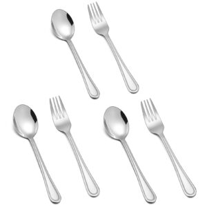 teamfar toddler utensils, stainless steel toddler silverware small kid cutlery set for self-feeding, with line patterned edge, healthy & non toxic, mirror surface & dishwasher safe–3 forks + 3 spoons