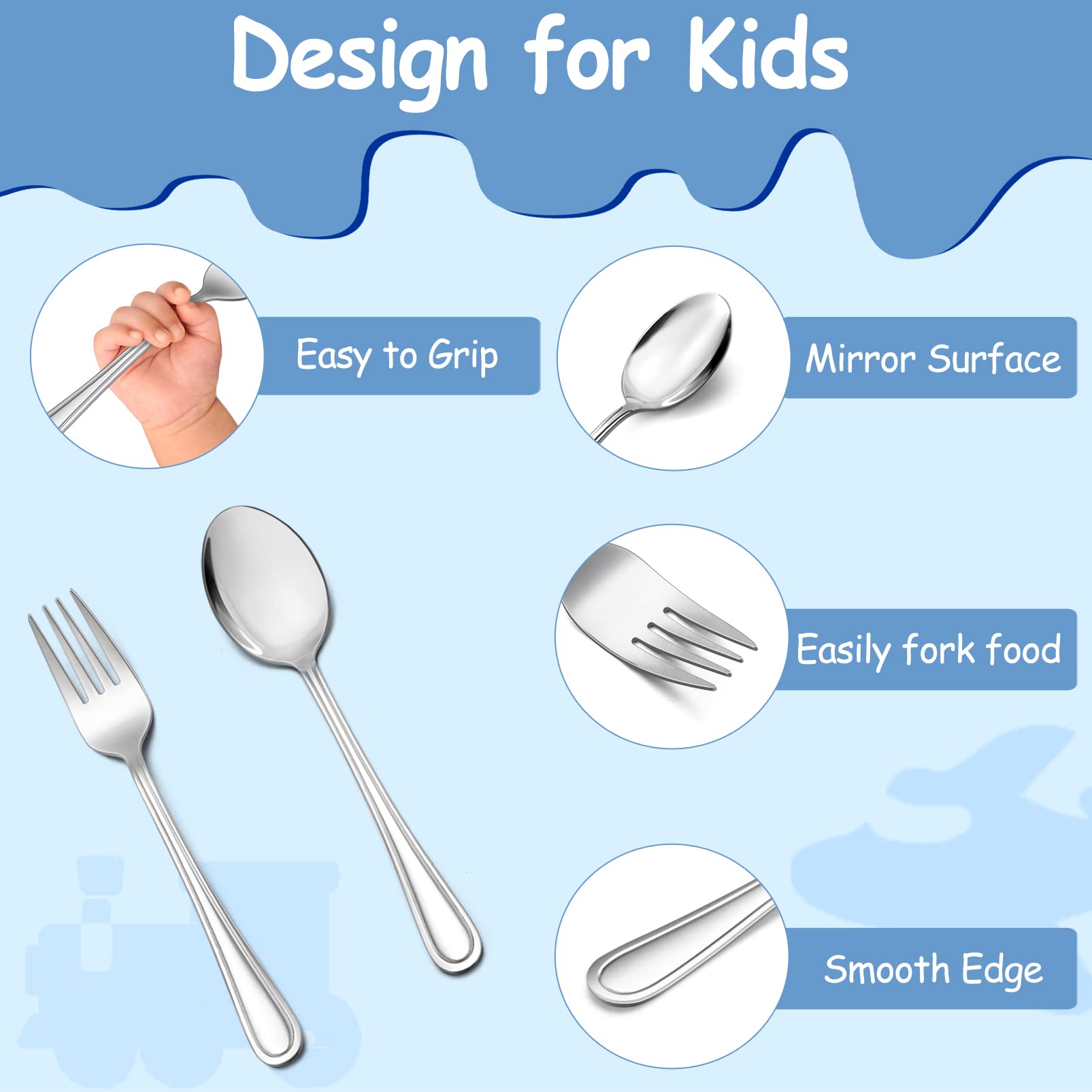 TeamFar Toddler Utensils, Stainless Steel Toddler Silverware Small Kid Cutlery Set for Self-Feeding, with Line Patterned Edge, Healthy & Non Toxic, Mirror Surface & Dishwasher Safe–3 Forks + 3 Spoons