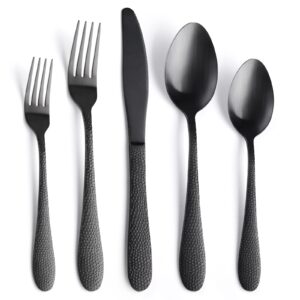 matte black hammered silverware set for 8,sanluns 40-piece modern flatware set,fine dining utensil tableware cutlery hammered handle knives,forks,spoons,stainless steel,unique reusable dishwasher safe