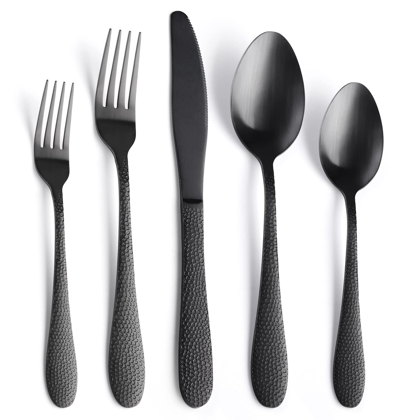 Matte Black Hammered Silverware Set for 8,SANLUNS 40-Piece Modern Flatware Set,Fine Dining Utensil Tableware Cutlery Hammered Handle Knives,Forks,Spoons,Stainless Steel,Unique Reusable Dishwasher Safe