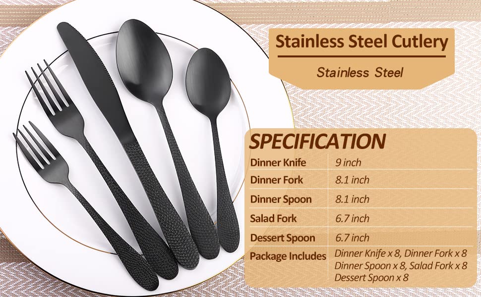 Matte Black Hammered Silverware Set for 8,SANLUNS 40-Piece Modern Flatware Set,Fine Dining Utensil Tableware Cutlery Hammered Handle Knives,Forks,Spoons,Stainless Steel,Unique Reusable Dishwasher Safe