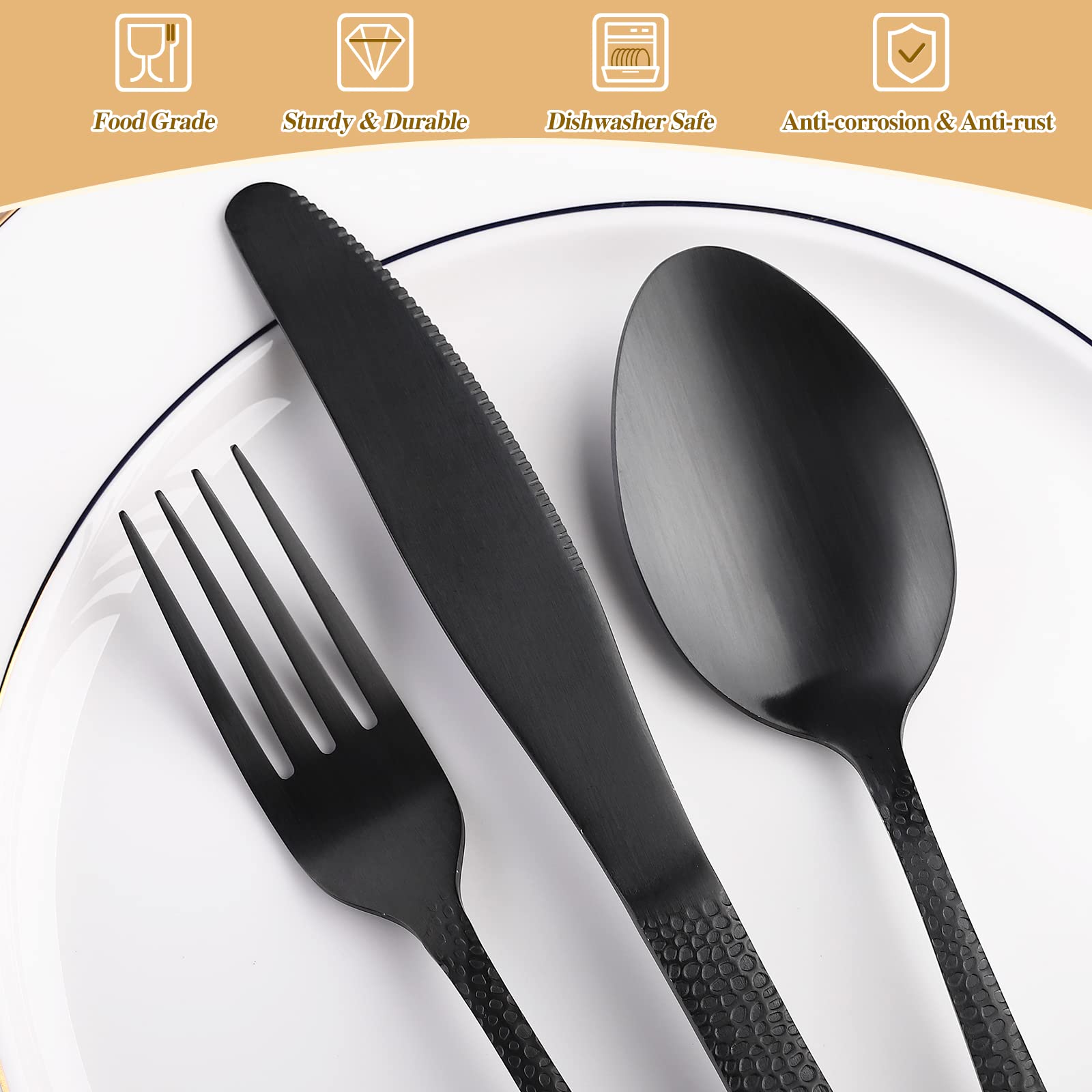 Matte Black Hammered Silverware Set for 8,SANLUNS 40-Piece Modern Flatware Set,Fine Dining Utensil Tableware Cutlery Hammered Handle Knives,Forks,Spoons,Stainless Steel,Unique Reusable Dishwasher Safe