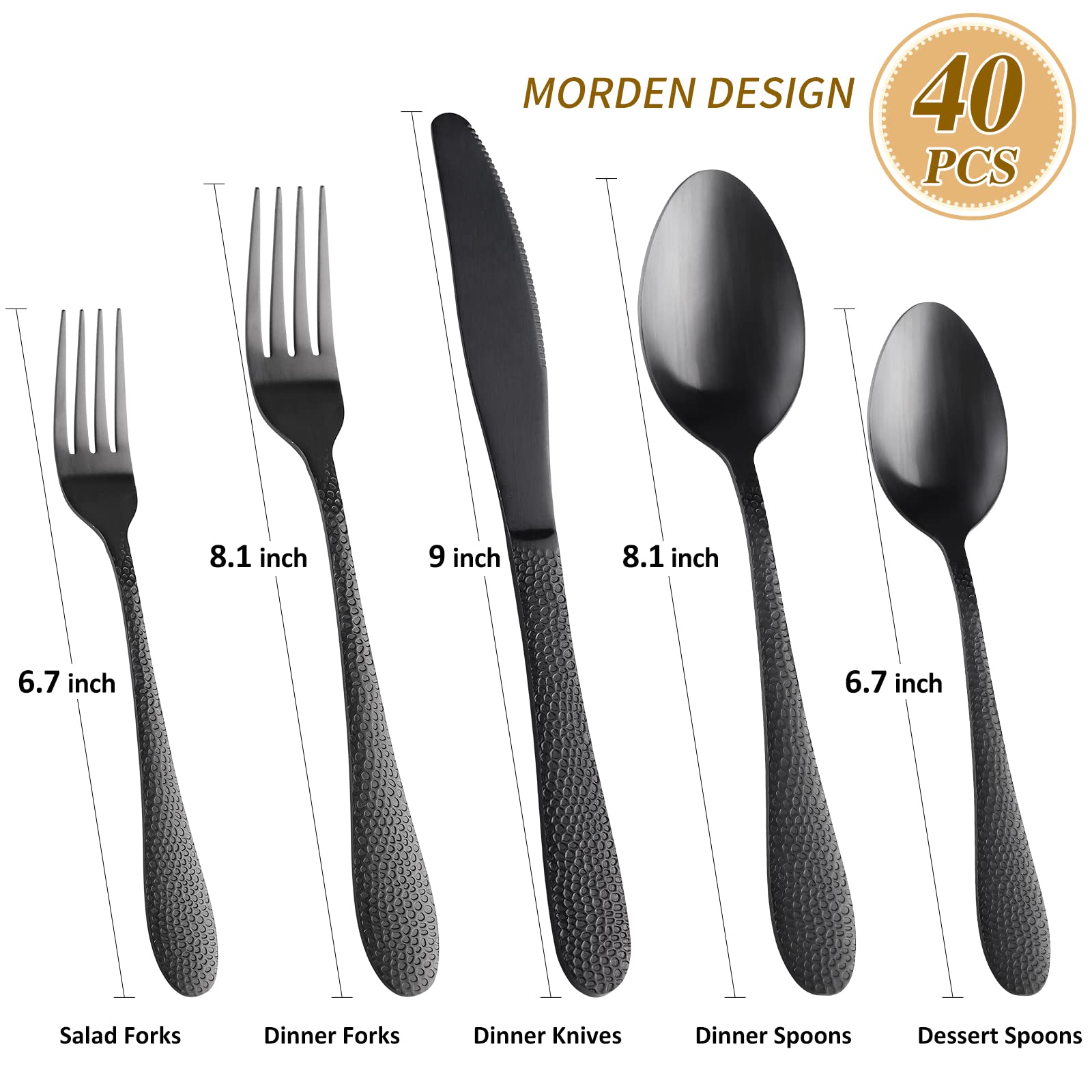 Matte Black Hammered Silverware Set for 8,SANLUNS 40-Piece Modern Flatware Set,Fine Dining Utensil Tableware Cutlery Hammered Handle Knives,Forks,Spoons,Stainless Steel,Unique Reusable Dishwasher Safe