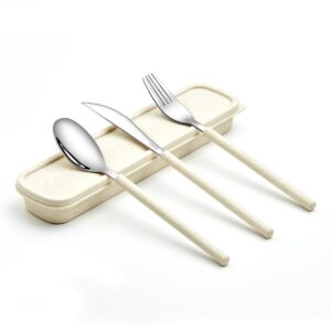 arderlive 3 pcs outdoor flatware set with case, fork spoon knife/travel set for travel, lunch box and camping, christmas gifts beige