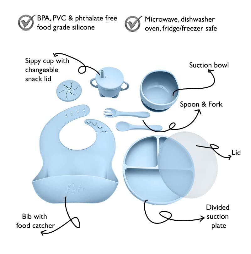 Baby Led Weaning - Silicone Baby Feeding Set - Baby Led Weaning Supplies - Baby Led Weaning Utensils - Silicone Plates For Baby - Silicone Bibs for Babies - 6 Month Old Baby Essentials - Baby Products