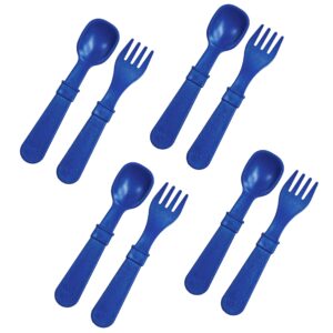 re-play made in usa toddler forks and spoons, pack of 8 without carrying case - 4 kids forks with rounded tips and 4 deep scoop toddler spoons - 0.2" thick toddler utensils, navy blue