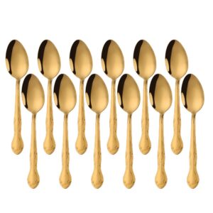 qiboorun 12-piece stainless steel dinner spoons with flower edge, stainless steel dinner spoons set, table spoon dessert spoons for home, kitchen or restaurant - 7.3 inches-gold