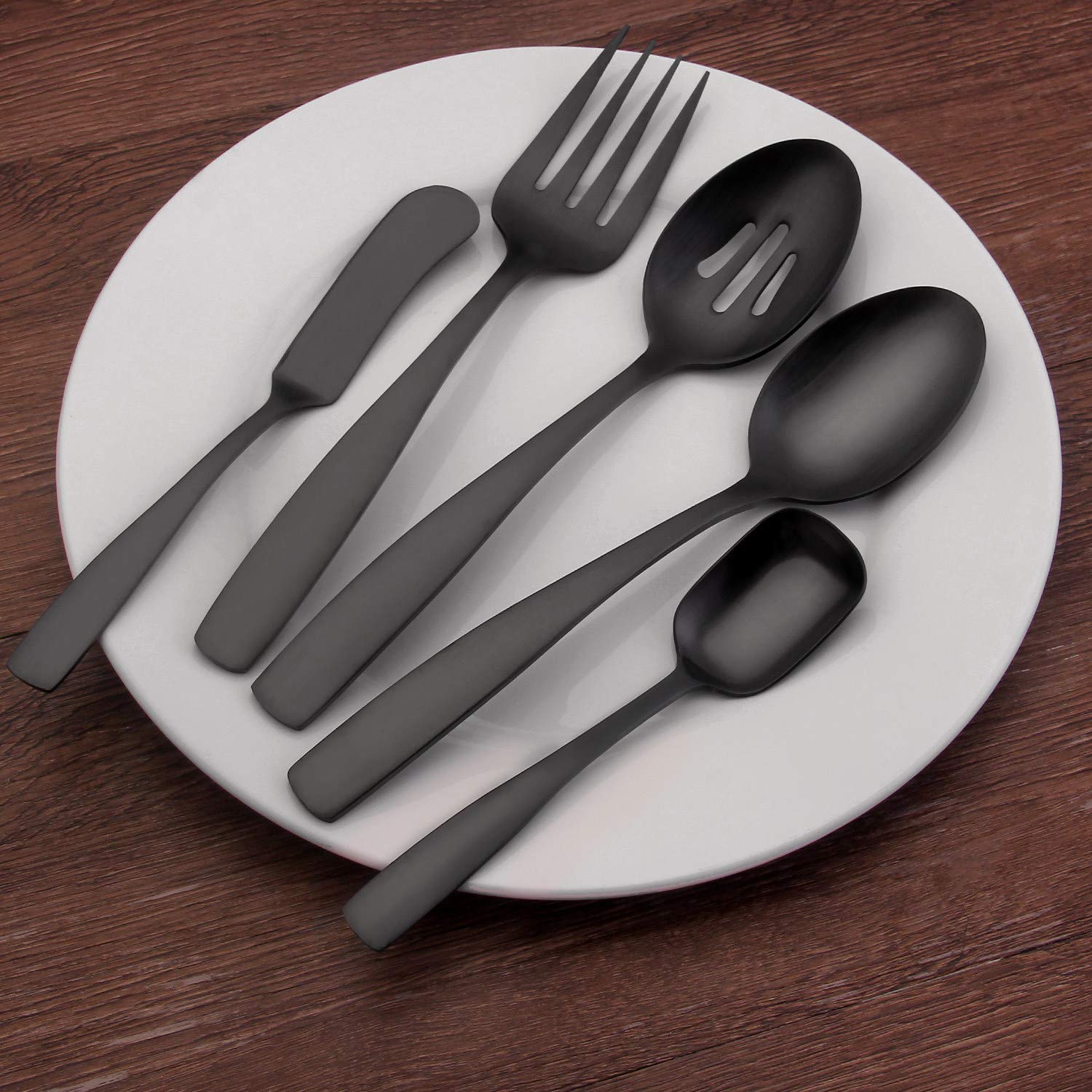 Bysta Serving Utensils Set, Matte Black 5-Piece Hostess Set, Stainless Steel Silverware Flatware Cutlery Serving Set, Satin Finish, Dishwasher Safe