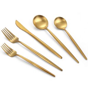 vanvro matte gold silverware set, 40-piece stainless steel flatware set, tableware cutlery set service for 8, satin finish utensils set, knife fork spoon set for home and restaurant, dishwasher safe