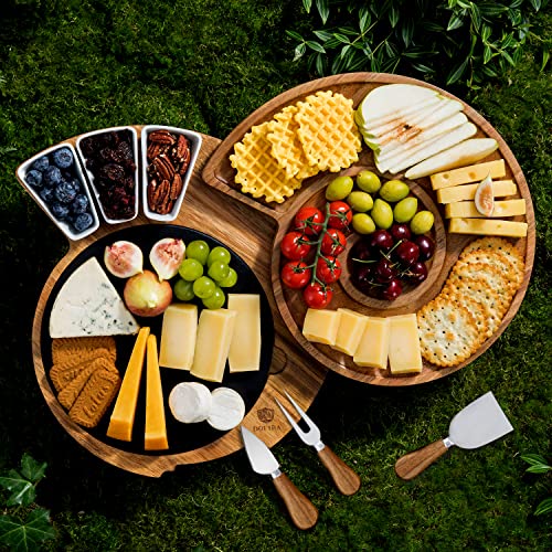 Dofira Nautilus Cheese Board and 4 Knife Set, Acacia Wood Large Round Charcuterie Board Kit with Slate Platter & Ceramic Bowls, Kitchen Gift Set for Housewarming, Bridal Shower, Wedding, Anniversary