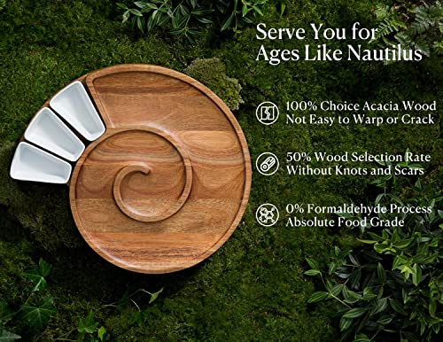 Dofira Nautilus Cheese Board and 4 Knife Set, Acacia Wood Large Round Charcuterie Board Kit with Slate Platter & Ceramic Bowls, Kitchen Gift Set for Housewarming, Bridal Shower, Wedding, Anniversary