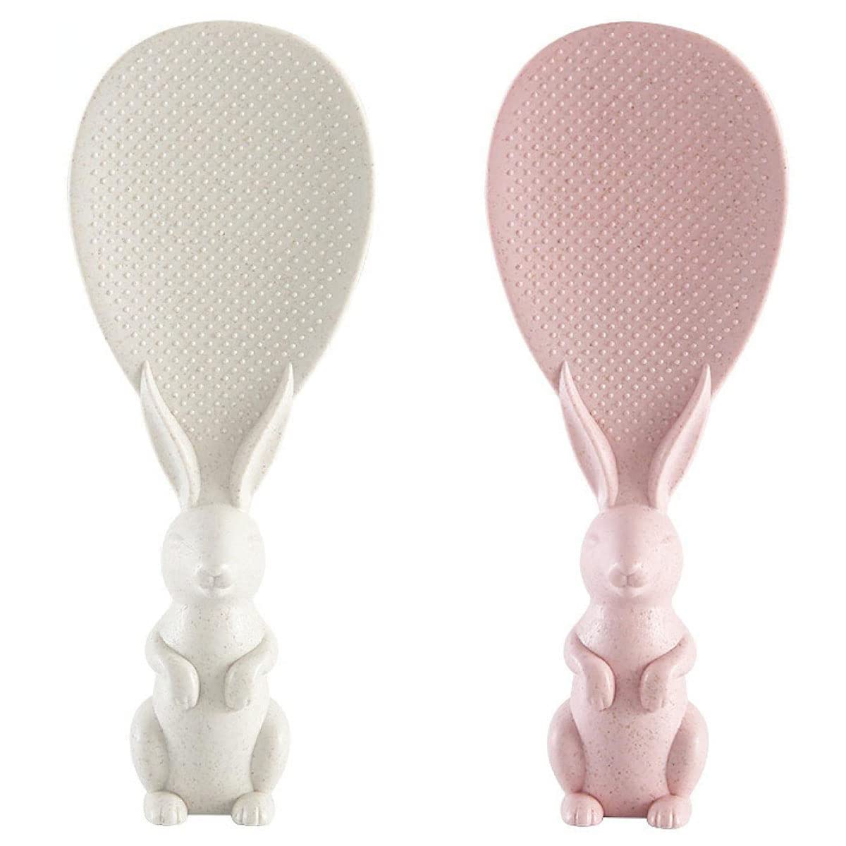 SKQIT 2 Pieces Creative Cute Rabbit Rice Spoon, Non Stick Rice Paddle, Bunny Shape Stand Up Serving Rice ShovelBeigeandPink One Size