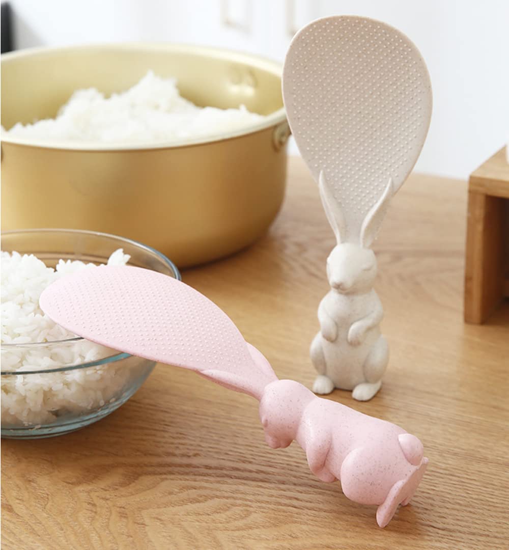 SKQIT 2 Pieces Creative Cute Rabbit Rice Spoon, Non Stick Rice Paddle, Bunny Shape Stand Up Serving Rice ShovelBeigeandPink One Size