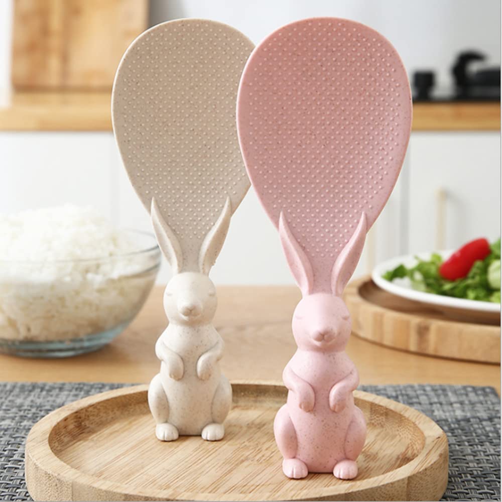 SKQIT 2 Pieces Creative Cute Rabbit Rice Spoon, Non Stick Rice Paddle, Bunny Shape Stand Up Serving Rice ShovelBeigeandPink One Size