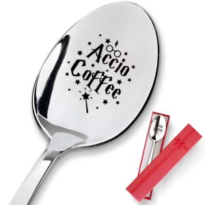 pzjiean accio coffee funny engraved stainless steel spoon, best coffee spoon ice cream spoon gifts for coffee lovers book lover bookworm friends harry potter fan birthday, valentine, christmas gift