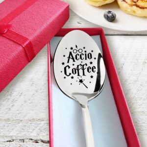 PZJIEAN Accio Coffee Funny Engraved Stainless Steel Spoon, Best Coffee Spoon Ice Cream Spoon Gifts for Coffee Lovers Book Lover Bookworm Friends Harry Potter Fan Birthday, Valentine, Christmas Gift