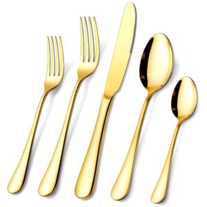 gold silverware set, ogori 40-piece food grade stainless steel gold flatware set, kitchen utensil set service for 8, mirror polished tableware cutlery set for home and restaurant, dishwasher safe