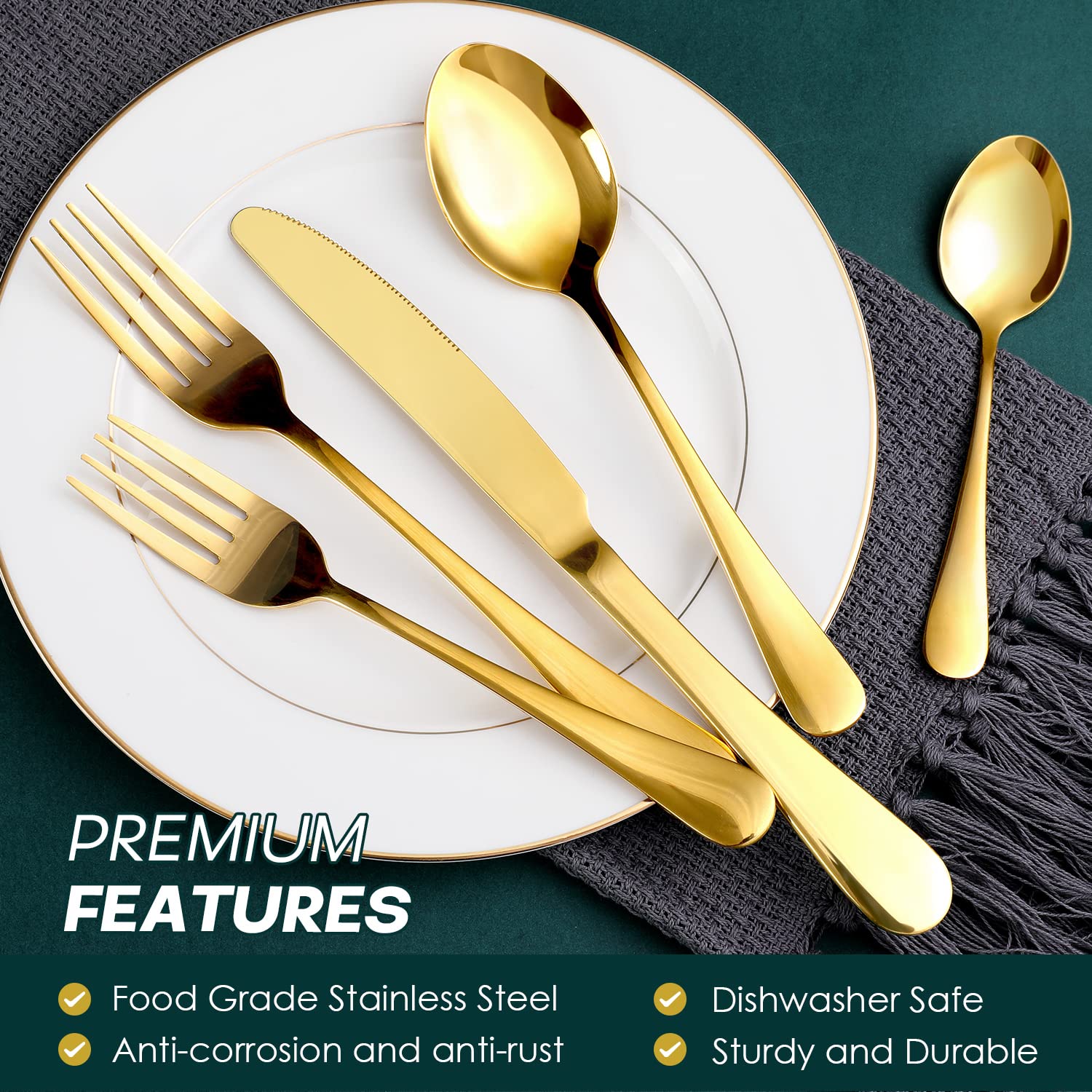 Gold Silverware Set, OGORI 40-Piece Food Grade Stainless Steel Gold Flatware Set, Kitchen Utensil Set Service for 8, Mirror Polished Tableware Cutlery Set for Home and Restaurant, Dishwasher Safe