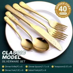 Gold Silverware Set, OGORI 40-Piece Food Grade Stainless Steel Gold Flatware Set, Kitchen Utensil Set Service for 8, Mirror Polished Tableware Cutlery Set for Home and Restaurant, Dishwasher Safe