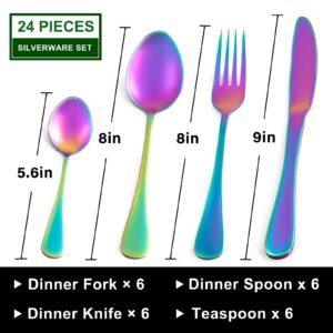 Rainbow Silverware Set, 24 Pieces Stainless Steel Flatware Sets for 6 - Mirror Polished Cutlery Utensil Set, Essentials Eating Tableware Set for Home&Kitchen, Restaurant, Dishwasher Safe