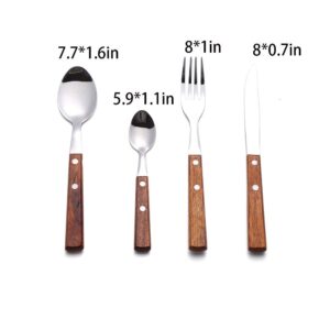 HAPPY KIT Flatware Set, Wooden Spoons Silverware Set for 4 Premium 18/8 (304) Stainless Steel Cutlery Set Wooden Dinner Knife Dinner Fork Dinner Spoon Set 16-Piece (4 Sets)