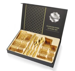 gold silverware set with box, 24-piece stainless steel gold flatware housewarming cutlery gift set, kitchen utensils knife fork spoon dinnerware tableware kit mirror finish, smooth edge, service for 6