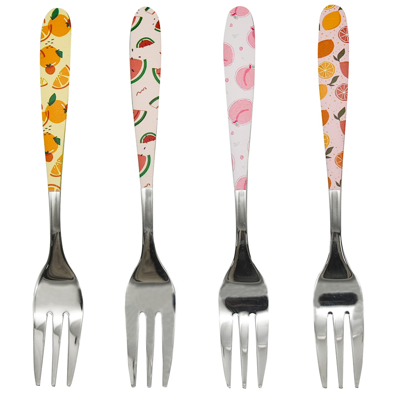 Pinenjoy 4Pcs Small Appetizer Fork with Fruit Pattern Printing 5.5inch Cocktail Fork 18/10(304) Stainless Steel Mini Dessert Fork for Pickle Fruit Cake Salad Party Charcuterie